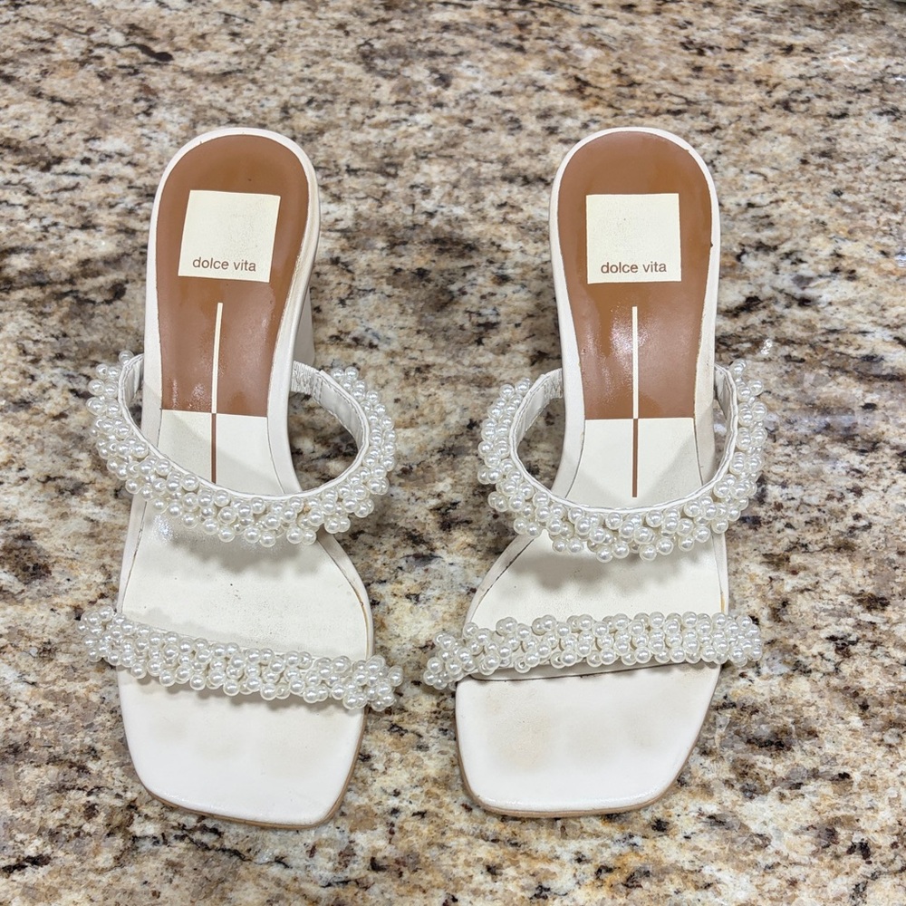Dolce Vita Women's Ivory White Pearl Embellished Slide Sandals